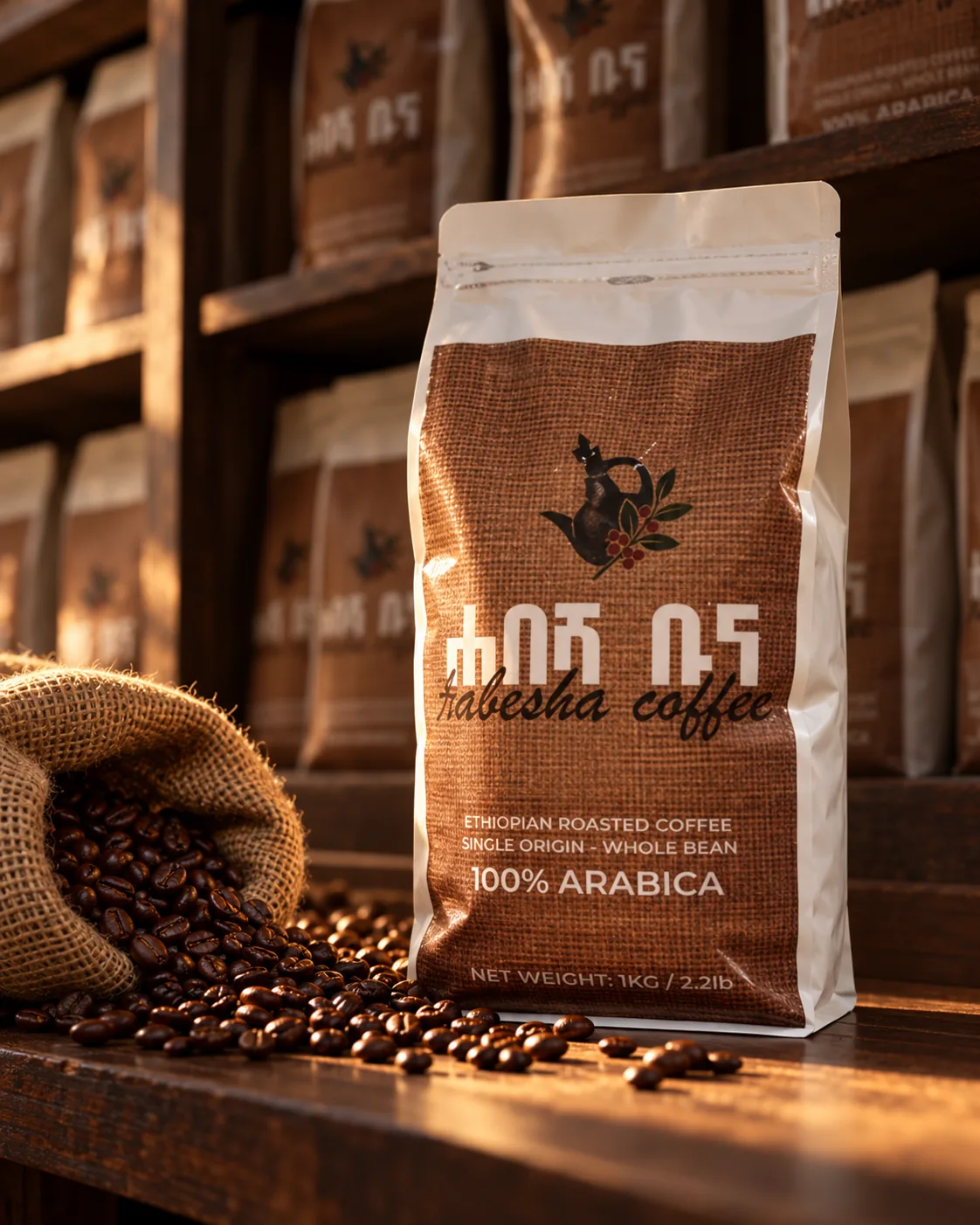 Habesha Coffee 1kg pouch of 100% Arabica roasted beans, with loose beans beside it
